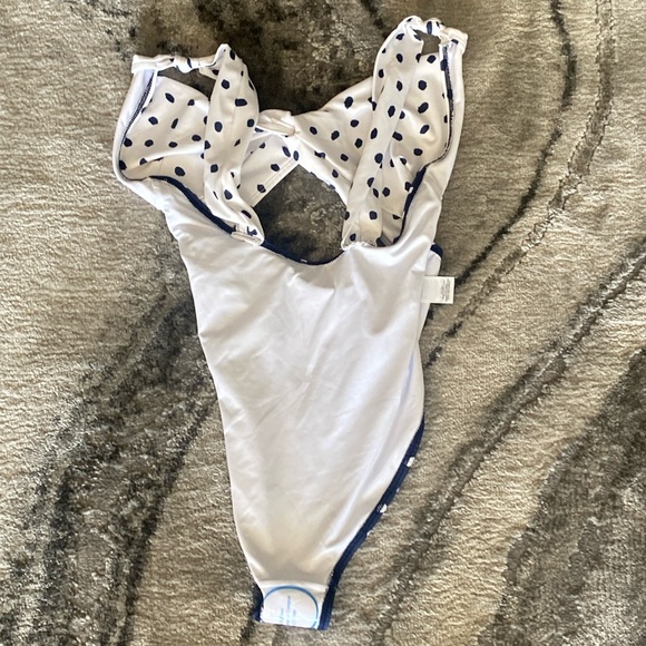 ASOS DESIGN loop front swimsuit with knot in navy polka dot spot medium NWOT - Picture 6 of 9